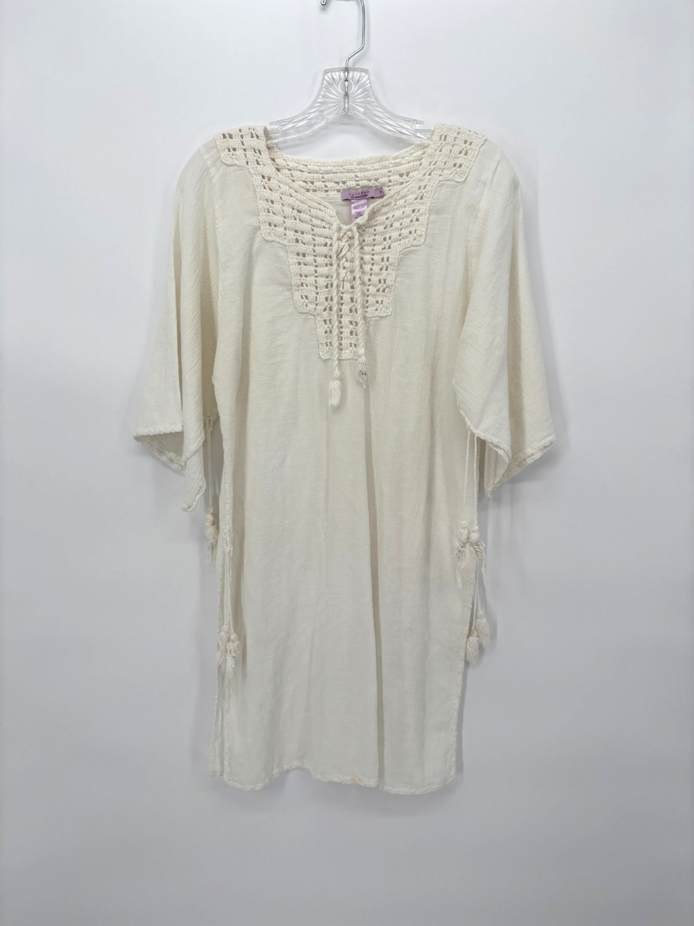 Calypso White Cream Crochet Neck Tunic Top Beach Cover Up Resortwear Boho